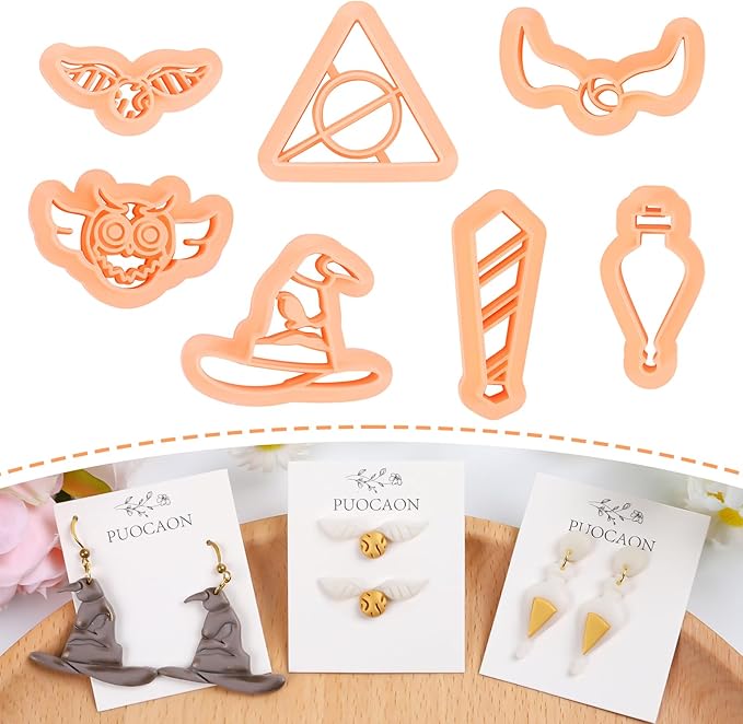 Puocaon Polymer Clay Jewelry Cutters - 7 Pcs Wizard Hat Clay Cutters for Polymer Clay Jewelry Making, Magic Owl Clay Cutters, Clay Cutters for Earrings Making, Magic Potion Shape Clay Cutters Set