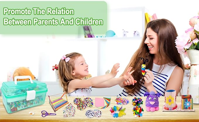 Irichna 1000+ Pcs Art and Craft Supplies for Kids, Toddler DIY Craft Art Supply Set Included Pom Poms, Pipe Cleaners, Feather, Folding Storage Box - All in One for DIY Craft Set (Green)