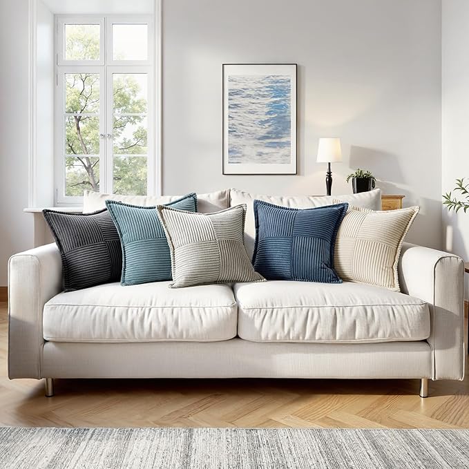 MIULEE Blue Corduroy Decorative Euro Sham Pillow Covers 24x24 Inch with Splicing Set of 2 Soft Boho Pillow Covers Broadside Textured Summer Coastal Pillowcases for Couch Bed Livingroom