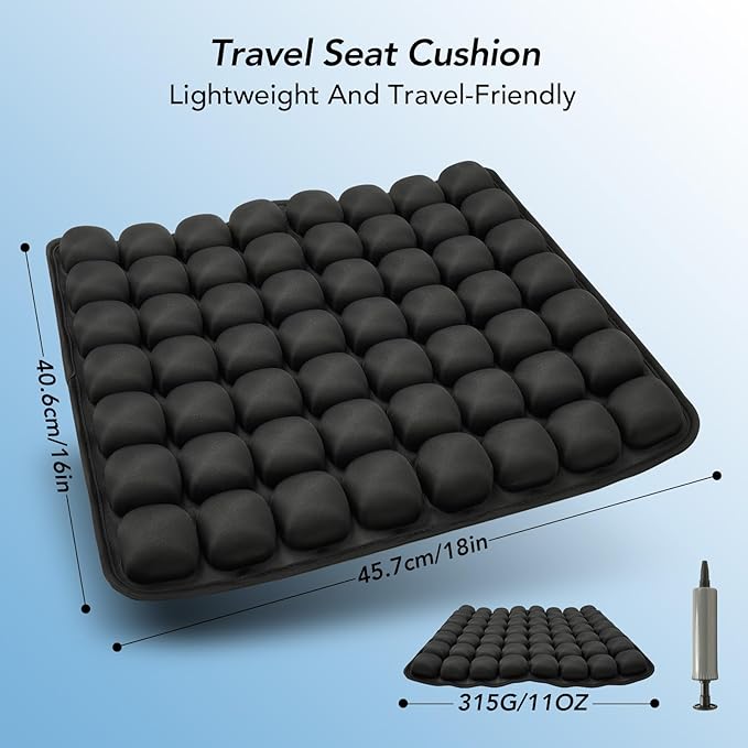 Air Inflatable Travel Seat Cushion, Portable Breathable Comfort Cushion, 56 Air Bubble Design for Airplane, Car, Office Chairs & Home Living – Lightweight & Ergonomic Support,18” x 16”