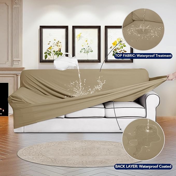 PureFit 100% Dual Waterproof Couch Cover Slipcovers for Couches and Sofas - Stretch Non Slip Fleece Sofa Covers Washable, Leakproof Furniture Protector for Kids, Pets, Dog (Loveseat, Natural)