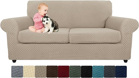 MAXIJIN 3 Piece Stretch Couch Covers for 2 Cushion Couch Sofa Slipcovers with 2 Extra Large Seat Cushion Couch Jacquard Loveseat Sofa Couch Cover for Dogs (2 Cushion Sofa, Khaki)