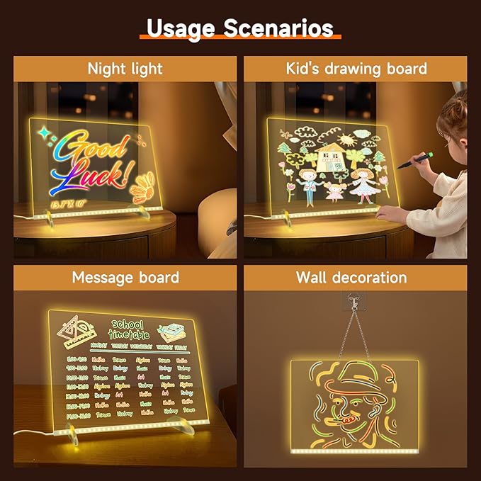 Led Drawing Board for Kids with 8 Colors 6 Modes -13.7"X10" Led Note Board with Colors, Acrylic Dry Erase Board Includes Adapter, 7 Markers, Tracing Paper, Gift for Kids/Girls/Teens/Teen