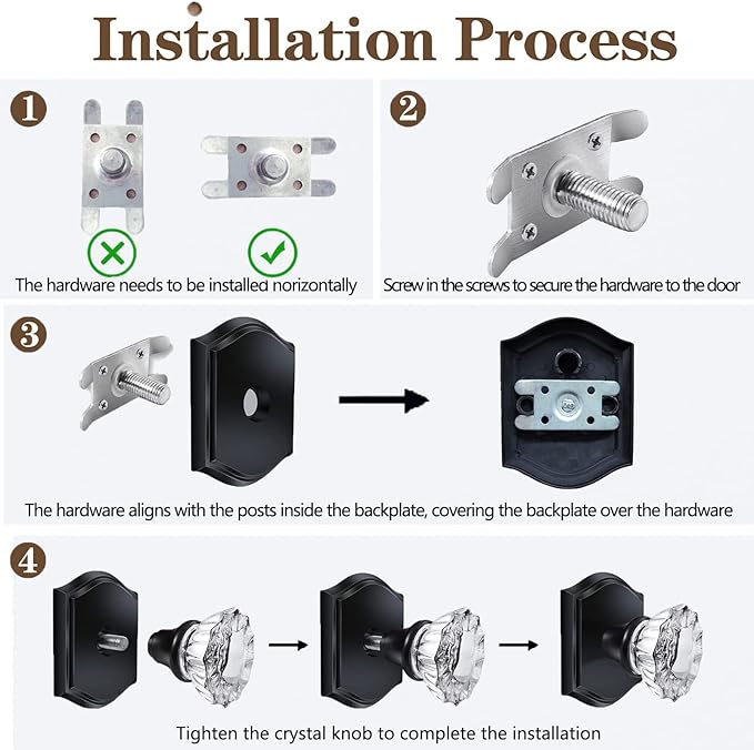 CLCTK 2 Pack Glass Dummy Door Knobs, Antique Inactive Crystal Half-Dummy Door Knobs for Hall and Closet, Matte Black