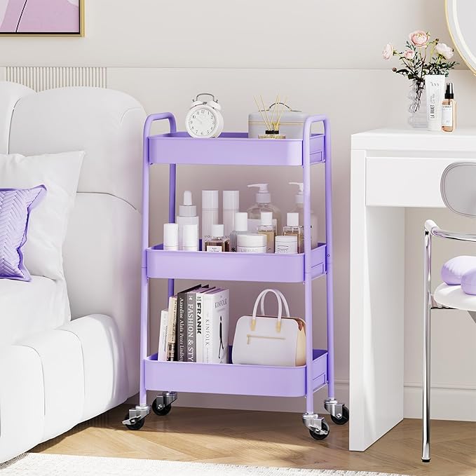 TOOLF 3-Tier Metal Rolling Cart with Wheels, Storage Utility Organizer Cart for Kitchen, Bathroom, Office, Baby Essentials & Makeup - Lockable Casters, Easy Assembly, Large Capacity, Purple