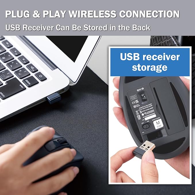 ELECOM Wireless Ergonomic Shape Mouse, 2.4GHz with Mini USB Receiver, Silent Click, Right Hand 2000DPI, 5 Buttons, Optocal Sensor, Compatible with PC, Mac, Laptop, EX-G, Msize Black (M-XGM30DBSKBK)