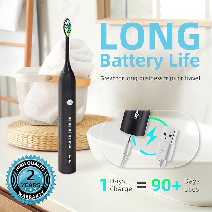 7AM2M Sonic Electric Toothbrush for Adults and Kids, with 8 Brush Heads and Travel Case,5 Modes with 2 Minutes Build in Smart Timer, One Charge Use for 90 Days,Rechargeable Toothbrushes (Black)
