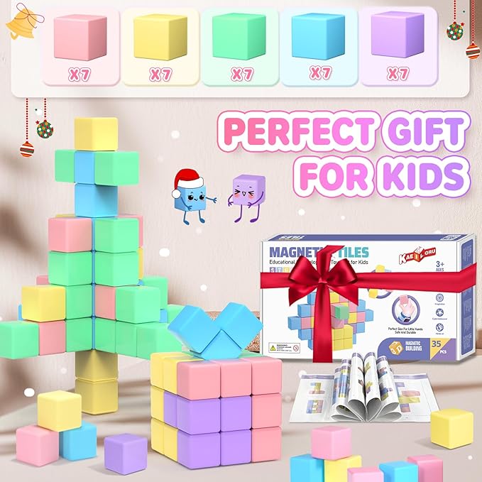 Magnetic Blocks - 35PCS Magnetic Building Blocks for Toddlers 1-3 STEM Magnetic Cubes for Kids Ages 2-4, Classroom Must Haves Magnet Toys for Kids Ages 3-5, Christmas Birthday Gifts for Girls & Boys