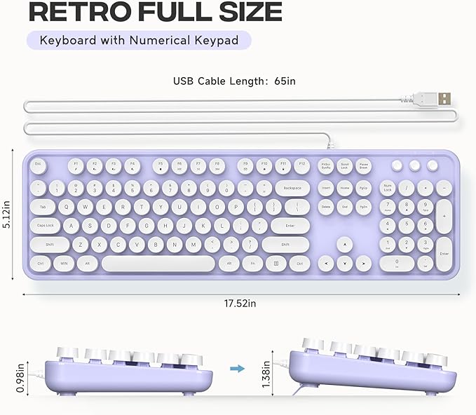Computer Keyboard Wired, Plug and Play USB Retro Round Typewriter Keyboard, Full Size Wired Keyboard with Foldable Stands for Laptop and Office PC- Purple White Colorful