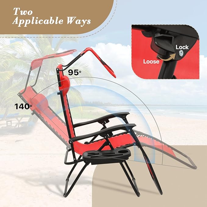 Athena Collection Zero Gravity Outdoor Lounge Chair Set of 2 with Canopy Shade, 25" Width Pool Lounge Lawn Chairs Reclining with Cup Holder, Outdoor Chaise for Beach Patio Outside, Red