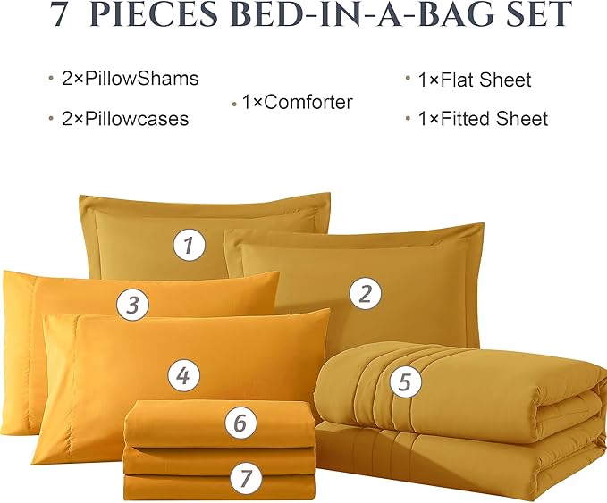 Monbix King Size Comforter Set - 7 Pieces Bed in a Bag King, Bright Yellow Bedding Sets with Comforter, All Seasons Comforter Bed Set with Sheets, Pillowcases & Shams