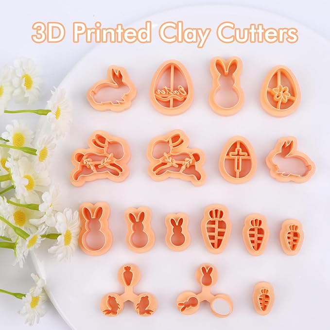 Puocaon Easter Polymer Clay Cutters - 17 Pcs Clay Cutters for Polymer Clay Jewelry, Basic Rabbit Carrot Clay Earring Cutters, Easter Eggs Clay Jewelry Cutters, Floral Bunny Clay Cutters
