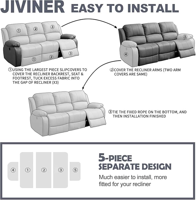 JIVINER Recliner Couch Cover, Jacquard 5 Piece Stretch Sofa Covers for 3 Cushion Reclining Lazy Boy Soft Washable Sofa Slipcovers Protector with Pockets (Recliner Sofa, Wine Red)