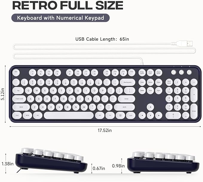 Wired Keyboard, 104 Keys Full-Sized Typewriter Keyboards, USB Plug and Play Office Keyboard with Number Pad, Caps Indicators, Foldable Stands for Windows, PC, Laptop, Desktop (Black)