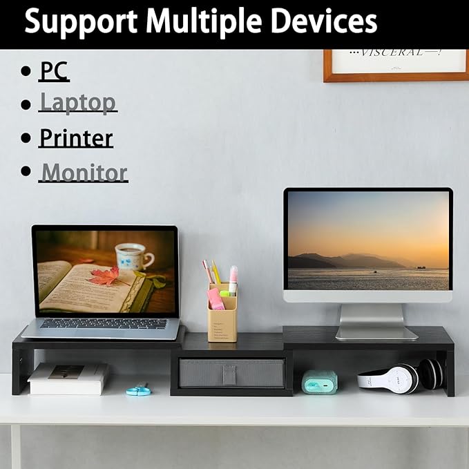 TEAMIX Dual Monitor Stand Riser with Drawer - Length and Angle Adjustable Double Monitor Riser Corner Desk Shelf Organizer 37 inch Long Monitor Riser for 2 Monitors/Laptop/PC/Screen/TV