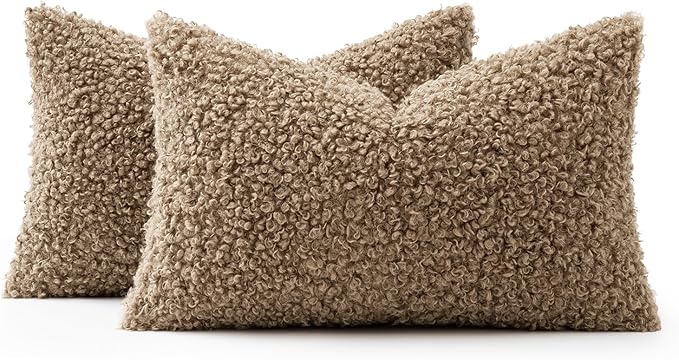 Woaboy Faux Fur Throw Pillow Covers 20x12 Inch Set of 2 Boucle Neutral Decorative Lumbar Sherpa Fuzzy Accent Soft Sheepskin Fleece Cushions Modern Home Decor for Couch Sofa Bedroom Living Room,Khaki