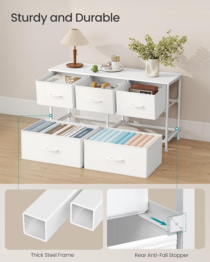 SONGMICS Dresser for Bedroom, Chest of Drawers, Steel, MDF, 5 Non-Woven Fabric Drawers, Storage Organizer Unit, Closet, Entryway, Cloud White and Snow White ULGS322W01S