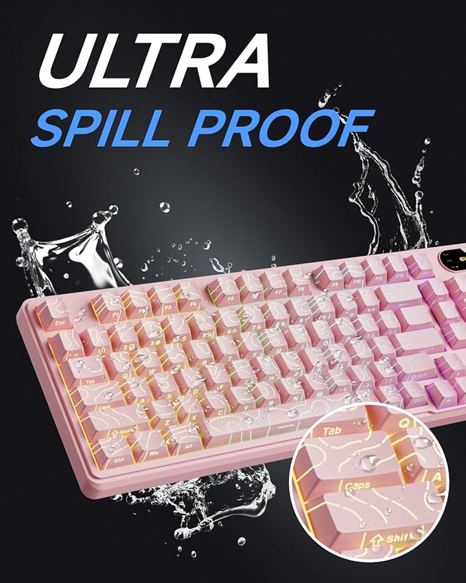 V102 Wired Keyboard, 98 Keys Creamy Gaming Keyboard with Number Pad, Display Screen & Media Knob RGB Silent Wired Cute Computer Keyboard for Laptop PC Gamer - Light Pink