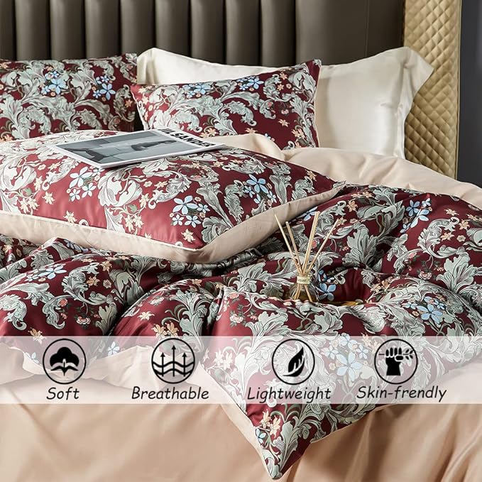 OranFran Red Floral Duvet Cover Set,5 PCS Colorful Blossom Print Comforter Covers Set,King Duvet Cover,Soft Bedding Set,Reversible Design(Summer,King/California King)