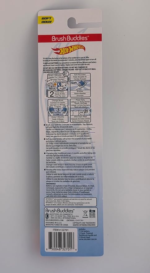 Brush Buddies Hot Wheels Battery Powered Sonic Electric Kids Toothbrush, Soft Bristles, Rounded Head, Children, Boys, Girls. Blue