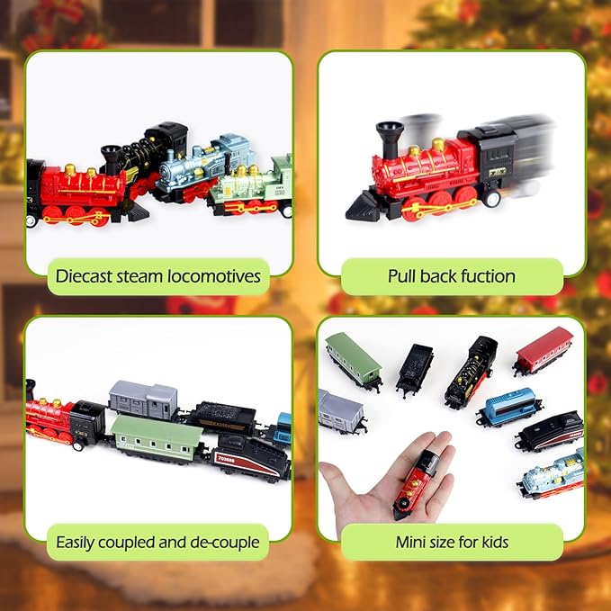 CORPER TOYS 4 Packs (24 Pieces) Pull Back Model Diecast Mini Train Toys Playset for 3 4 5 6 Year Old Boys Girls, Steam Train with Linkable Cars for Birthday Gifts