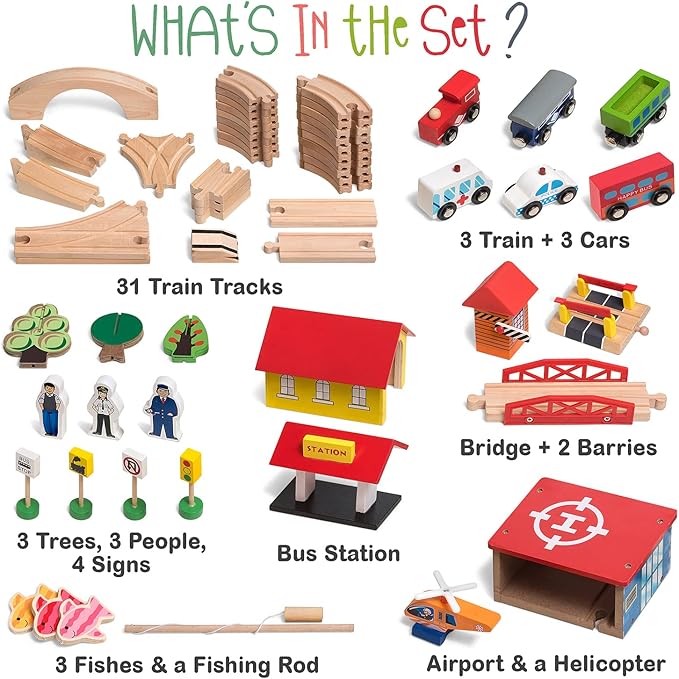 Wooden Train Set - 69 Pieces Wooden Train Tracks & Trains for Kids, Toddler Boys and Girls 3,4,5 Years Old and Upâ Premium Wood Construction Toys -Fits Thomas, Brio, IKEA, Melissa and Doug