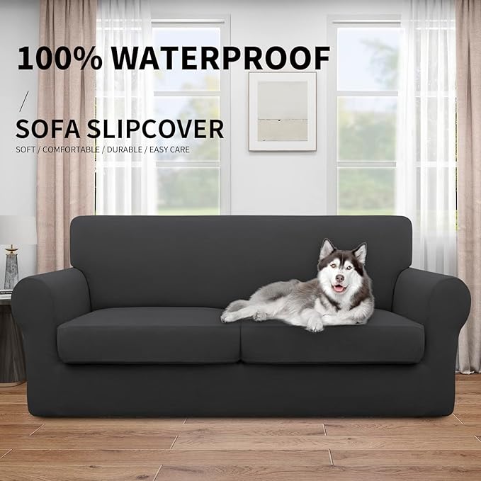 Easy-Going 100% Dual Waterproof Oversized Loveseat Cover Stretch Soft Couch Cover for Dogs, Sofa Slipcover for 2 Separate Cushion Couch Leakproof Furniture Protector for Kids, Pets Dark Gray