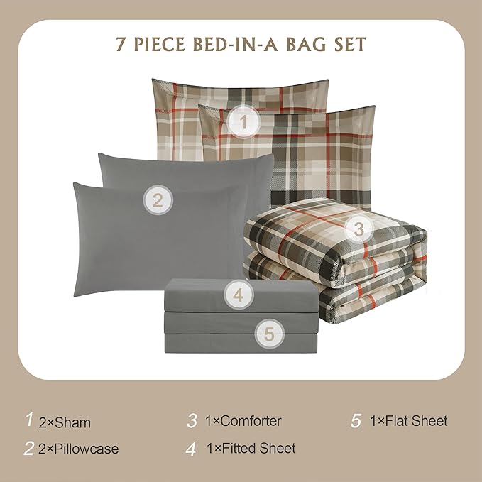 MaiRêve Plaid Queen Comforter Sets Khaki, Classic Farmhouse Bedding Set Bed in A Bag 7 Pieces, Lightweight All Season Comforter Set with Fitted & Flat Sheet, Pillowcases & Shams