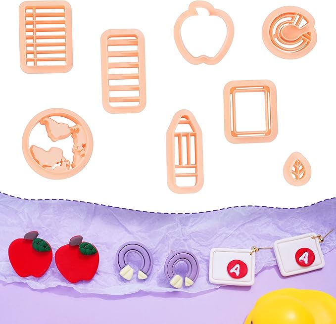 Puocaon Polymer Clay Cutters - Back to School Clay Cutters, Apple Crayon Polymer Clay Cutters for Jewelry Making, Chalkboard Notebook Detailed Embossed Clay Cutters for Earrings Studs Pendant 8 Pcs