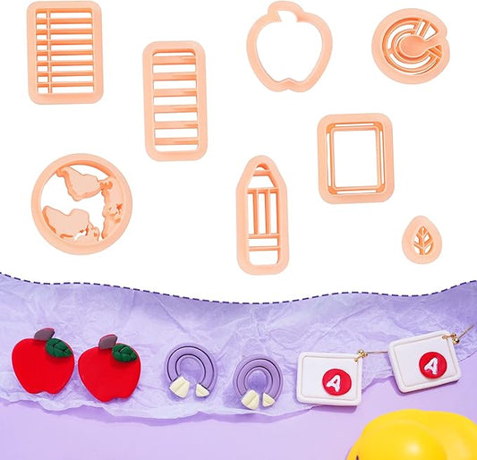Puocaon Polymer Clay Cutters - Back to School Clay Cutters, Apple Crayon Polymer Clay Cutters for Jewelry Making, Chalkboard Notebook Detailed Embossed Clay Cutters for Earrings Studs Pendant 8 Pcs