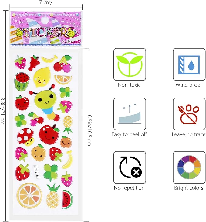 3D Stickers for Kids Toddlers 550+ Vivid Puffy Kids Stickers 24 Different Sheets, Colored 3D Stickers for Boys Girls Teachers, Reward, Craft Scrapbooking