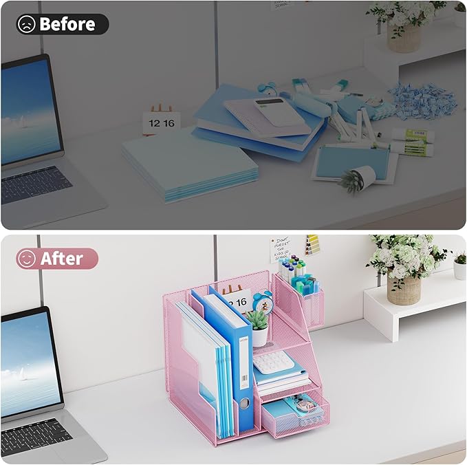 Marbrasse Desk Organizer and Accessories, 3-Tier File Organizer with Drawer and Pen Holder, Small Desktop Organizer and Storage for Workspace Office Supplies Pink