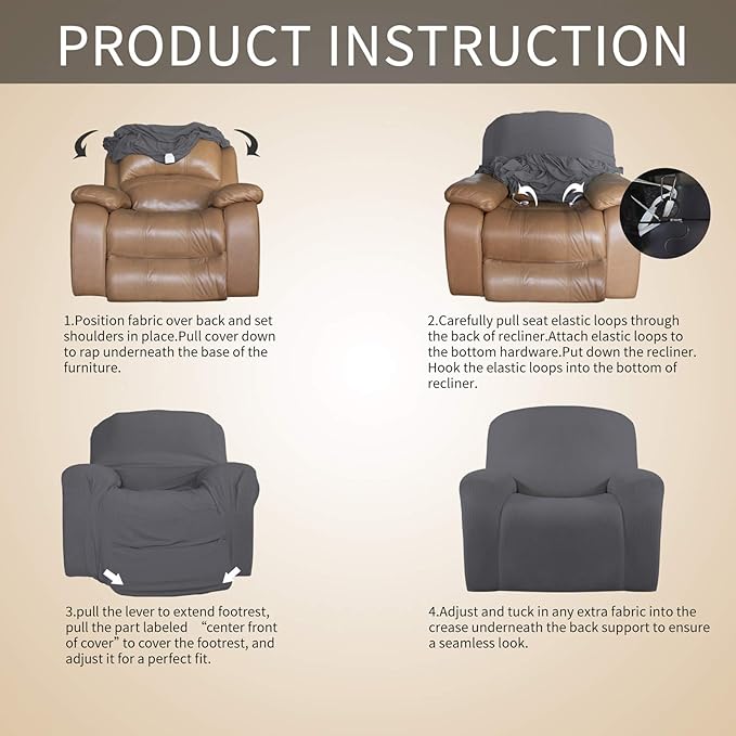 Easy-Going Recliner Stretch Sofa Slipcover Sofa Cover 1 Piece Furniture Protector Couch Soft with Elastic Bottom Kids,Polyester Spandex Jacquard Fabric Small Checks(Oversize Recliner,Gray)