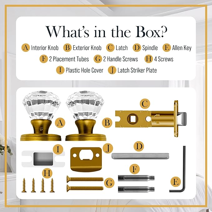 Gold Crystal Door Knob, Glass Door Knobs Interior Non-Locking Set, Brass Antique Decorative Vintage Style for Hallway, Closet, Passage Doors, 1 Pack