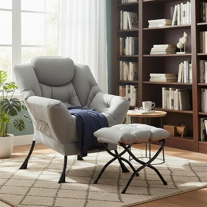 Welnow Lazy Chair with Ottoman, Modern Lounge Accent Chair with Armrests and a Side Pocket, Leisure Sofa Armchair Set, Reading Armchair with Footrest for Small Space, Light Grey
