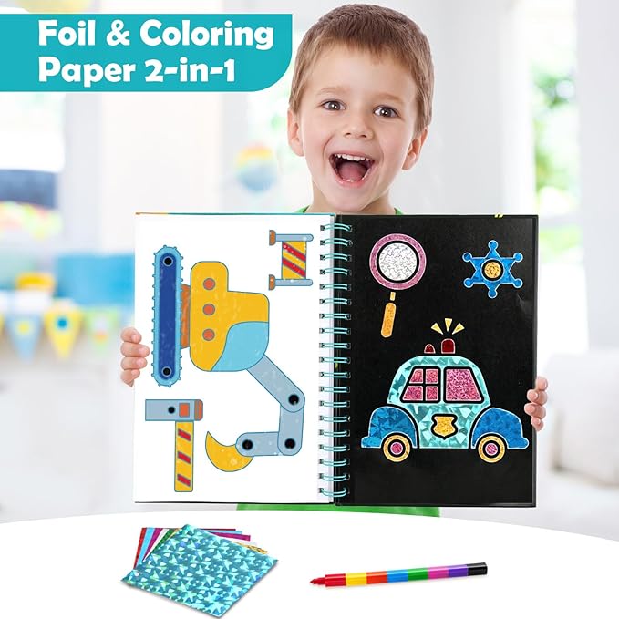 Foil Art Craft Activity for Kids: Fun DIY Toy Sticker Kit, No Mess Creative Travel Supply Set, Idea Birthday Easter Basket Stuffers Valentines Gift for Girl Boy Toddler 4 5 6 7 8 9 Year Old(Vehicle)
