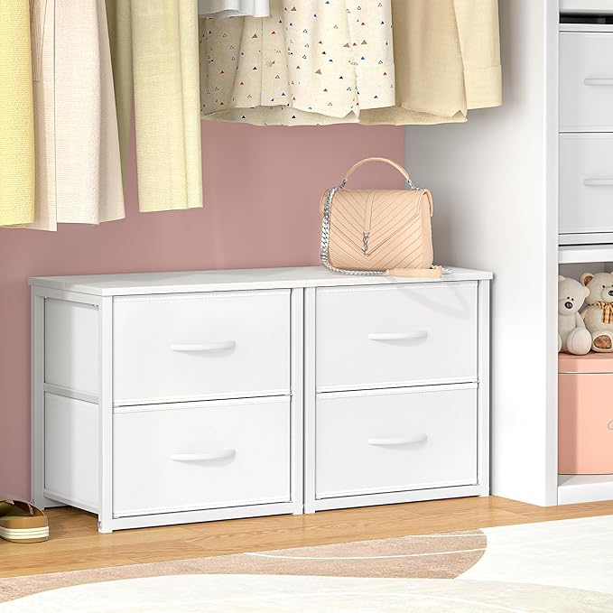 2-Pack Stackable Storage Drawers (4 Drawers Total), White Closet Organizer with Wooden Top & Metal Frame, Freestanding or Stackable Dresser for Bedroom, Living Room, Under Bed