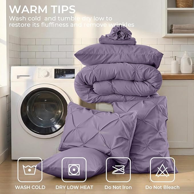 Sasttie King Size Comforter Set, 7-Piece Bed in a Bag, Pintuck Bedding Set for All Season, Includes Comforter, Flat Sheet, Fitted Sheet, Pillowcases and Pillowshams, New Purple