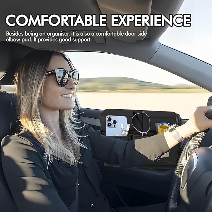 wuyaoyao Car Window Armrest Storage Box, Leather Automotive Door Side Storage Bag & Elbow Rest Pad, Multifunctional Vehicle Door Arm Rest Pad with Pockets, Universal Interior Car Accessories (Black)