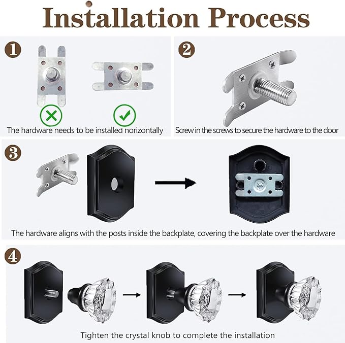 CLCTK 4 Pack Crystal Glass Dummy Door Knob, Single Side Dummy Door Knob Set for Interior Doors, Satin Brass