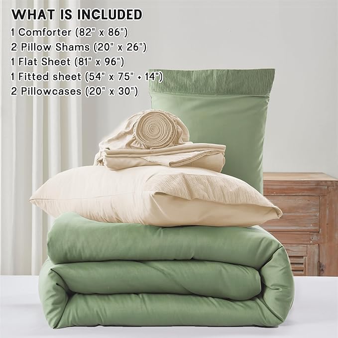 Anluoer Sage and Cream Full Comforter Set 7 Pieces, Bed in a Bag with Sheets, All Season Bedding Sets with 1 Comforter, 2 Pillow Shams, 2 Pillowcases, 1 Flat Sheet, 1 Fitted Sheet