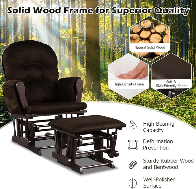 Costzon Glider and Ottoman Set, Wood Glider Rocker for Nursery, Upholstered Comfort Nursing Rocking Chair with Storage Pocket, Padded Armrests & Detachable Cushion, Easy to Assemble (Brown)