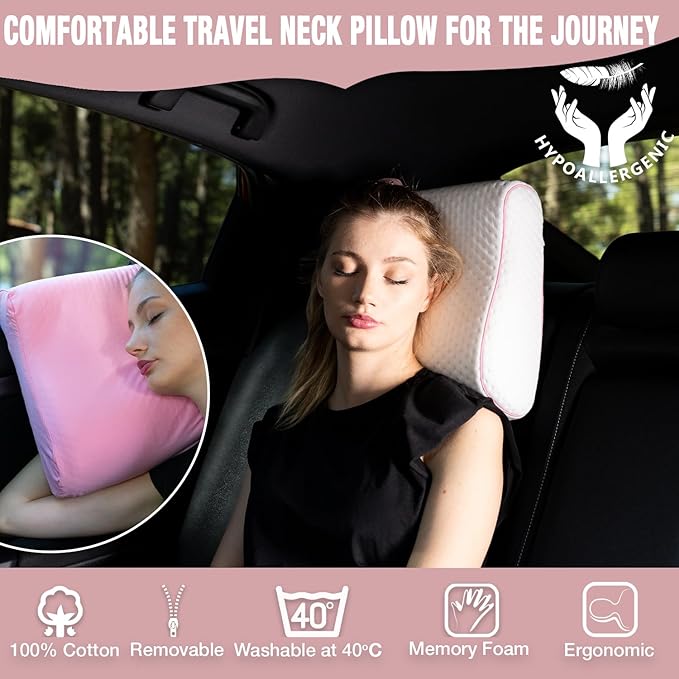 alkamto Travel & Camping Comfortable Memory Foam Pillow – Easy to Carry Portable Bag – Temperature Regulating Pillow Case (Pink Contour + Extra Cover)