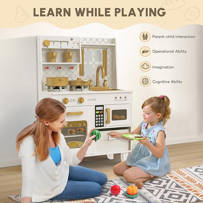 BIERUM Play Kitchen with Realistic Lights & Sounds, Wooden Kitchen Playset Chef Pretend Play Set for Toddlers, Toy Kitchen with 26 Pcs Toy Food & Cookware Accessories, Gift for Ages 3+