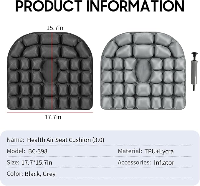 Travel Cushion for Airplane - Inflatable Seat Cushion for Long Flights, Perfect for Office Chairs, Wheelchairs, Car Seats & Outdoor Cushions Black Air-Filled 17.7x15.7 inches (Grey)