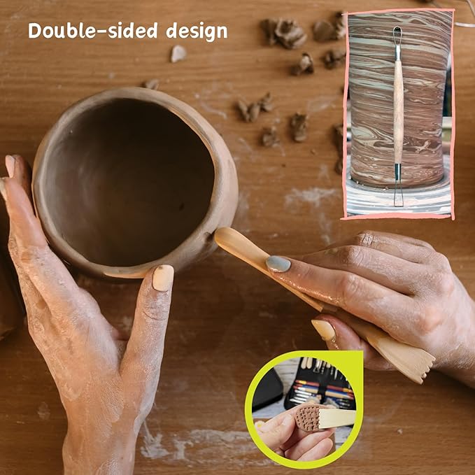 TEMONTIAN Pottery Tool Kit,Clay Sculpting Tools,43 Pcs Double Sided Pottery Wheel Tools for Adults,Pottery Carving Tools,Pottery Kiln Tools at Home,Ceramics Tools Set with Carrying Case Bag and Apron