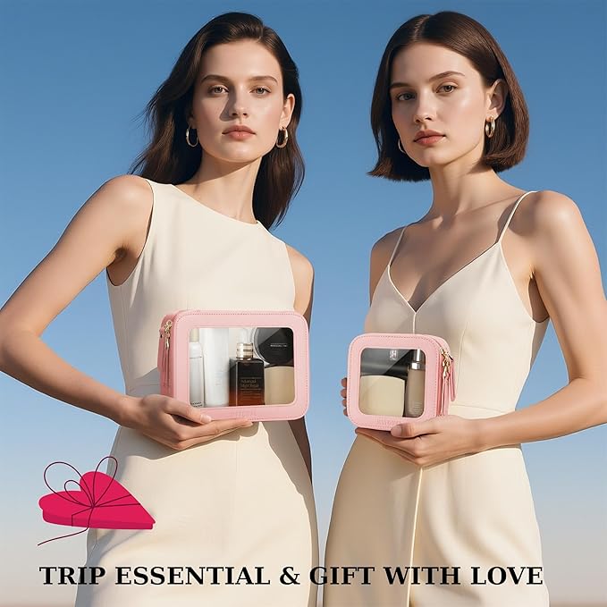 MSTONAL Clear Makeup Bag, Travel Toiletry Bag Cosmetic Case for Women, Waterproof Portable Make Up Skincare Pouch with Zipper, Compact Car Organizer Bag for Essentials, Mini & Medium, Pink