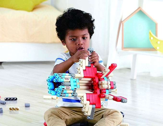 Hape PolyM Space Adventure Rocket Construction Kit | 138 Piece Building Brick Toy Play Set for Kids - Figurines and Accessories Included