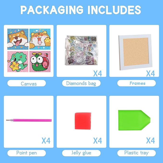 4 Pack 5D Cartoon Animals Diamond Art Kits for Kids, Cute Tiger DIY Diamond Painting Kit for Kids Beginners,Full Round Drill Big Gem Art for Kids Age 6-12(6X6 inch)