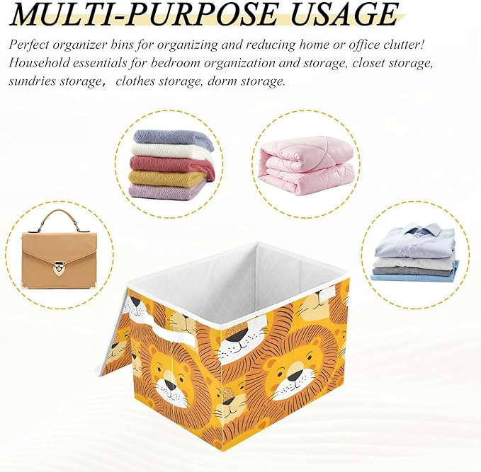 senya Large Storage Bins with Linen Collapsible Foldable Storage Cubes Fabric Closet Organizer Containers box with Flip-Top Lid for Home Bedroom Office 16.7 x 12.6 x 11.8in (Tiger Face)